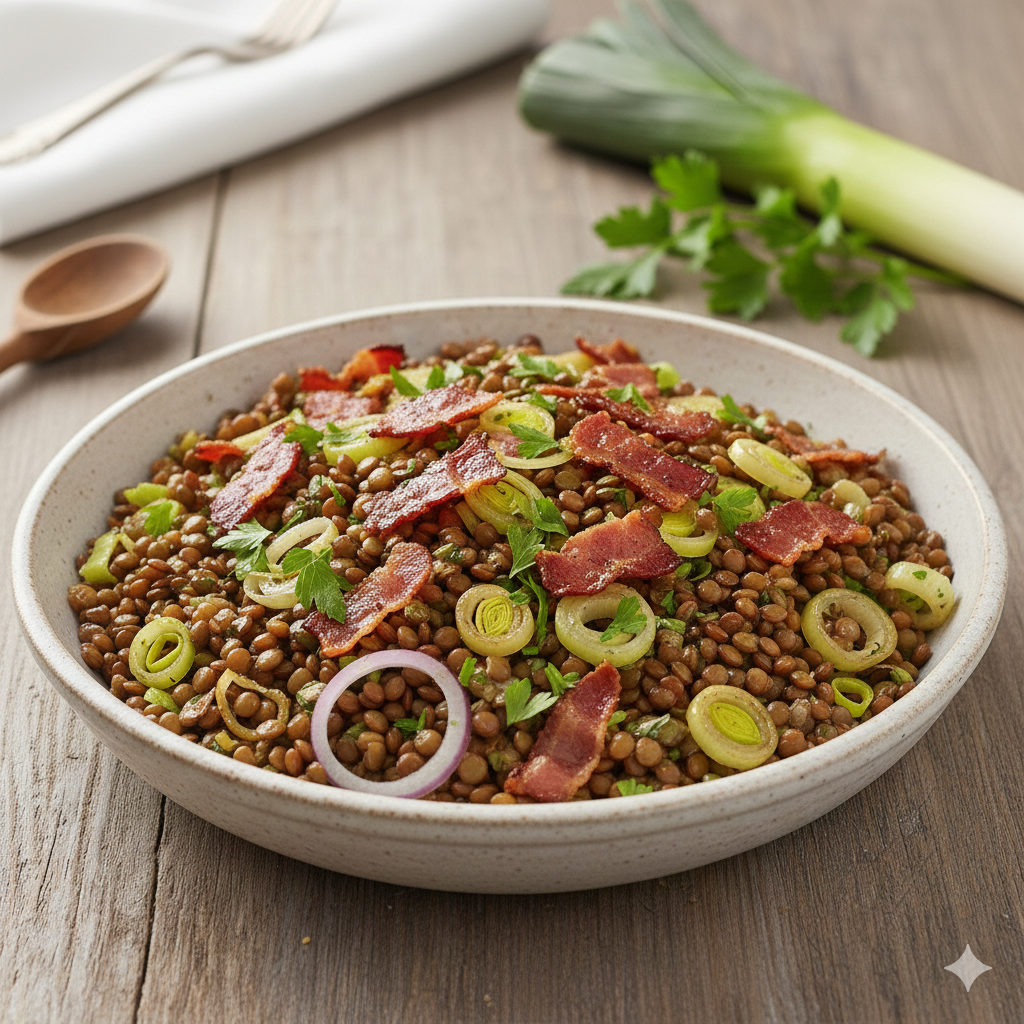 Como fazer Salada de Lentilha com Alho Poró e Bacon