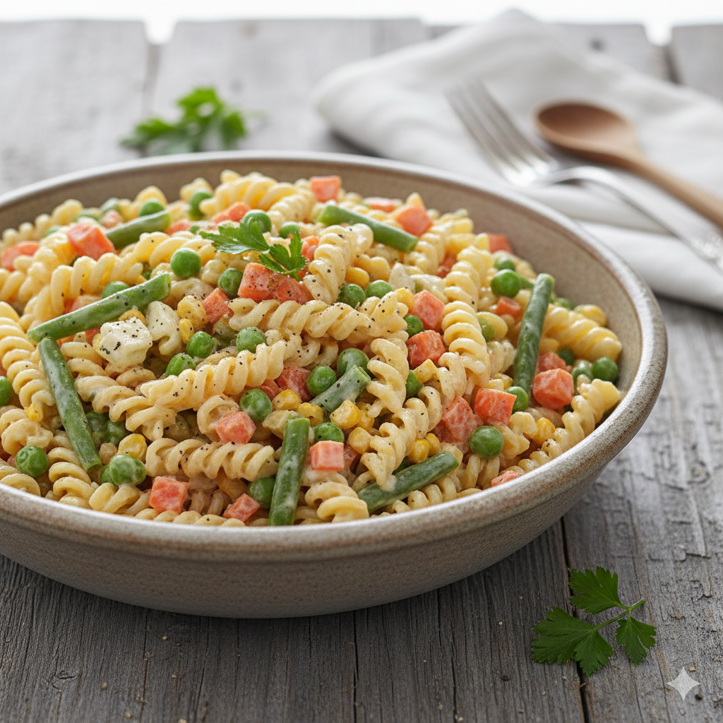 Salada de Macarrão (Fusilli) com Maionese e Legumes