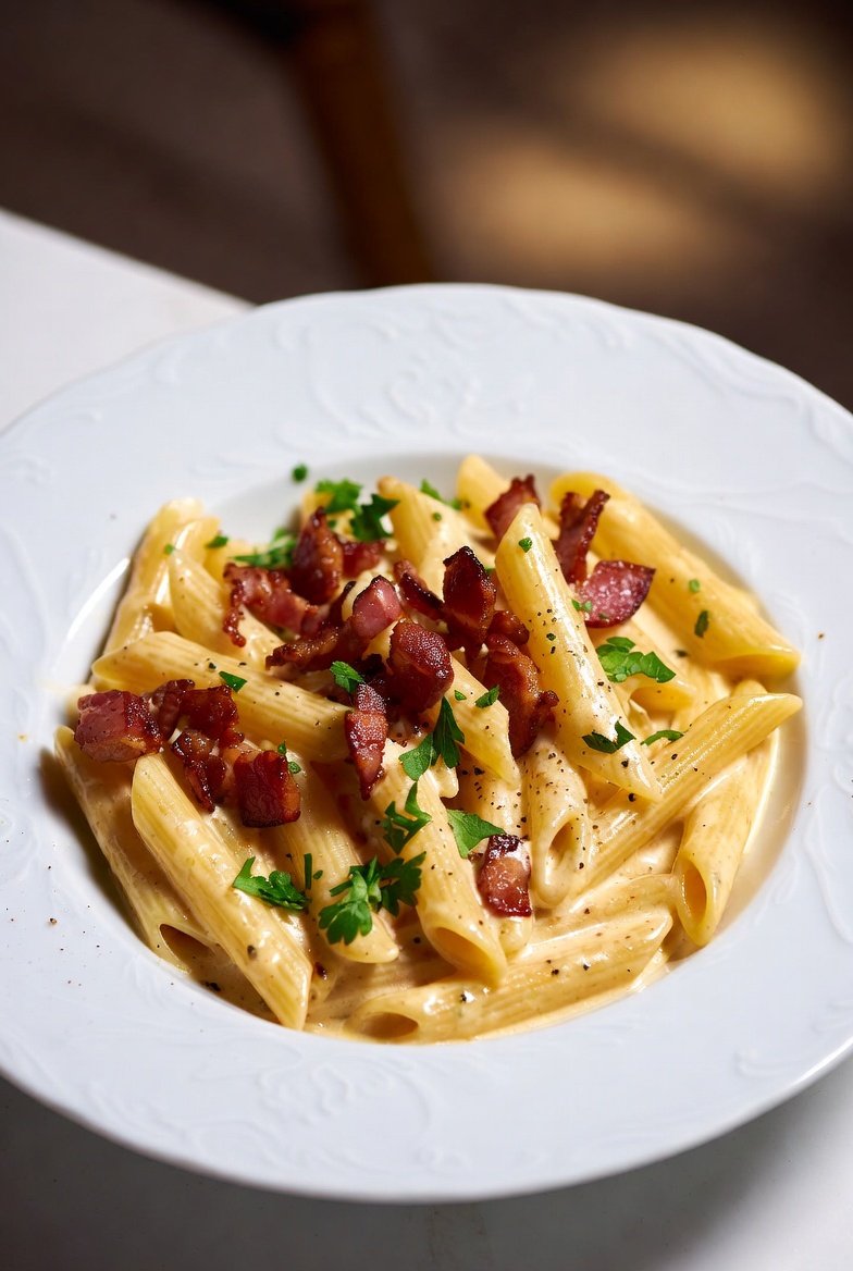 Penne à Carbonara (Receita Original com Bacon)