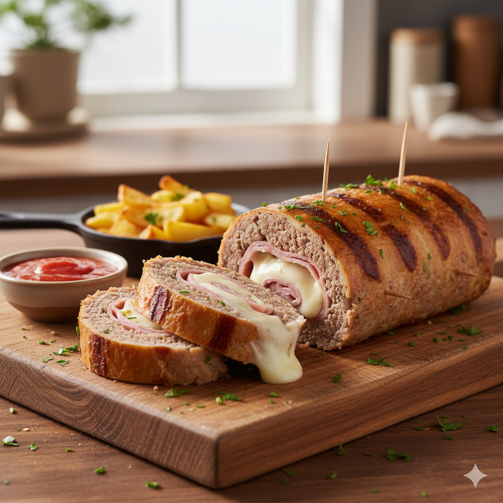 Rocambole de Carne Moída Recheado com Presunto e Queijo