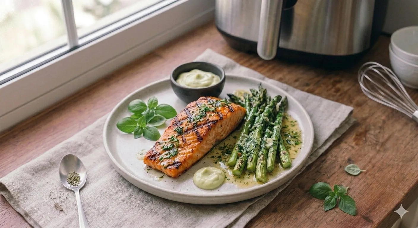 Salmão Grelhado com Aspargos na Manteiga de Ervas