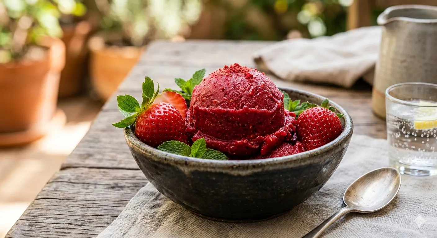 Sorbet de Morango Vegano: Intensidade de Fruta Pura